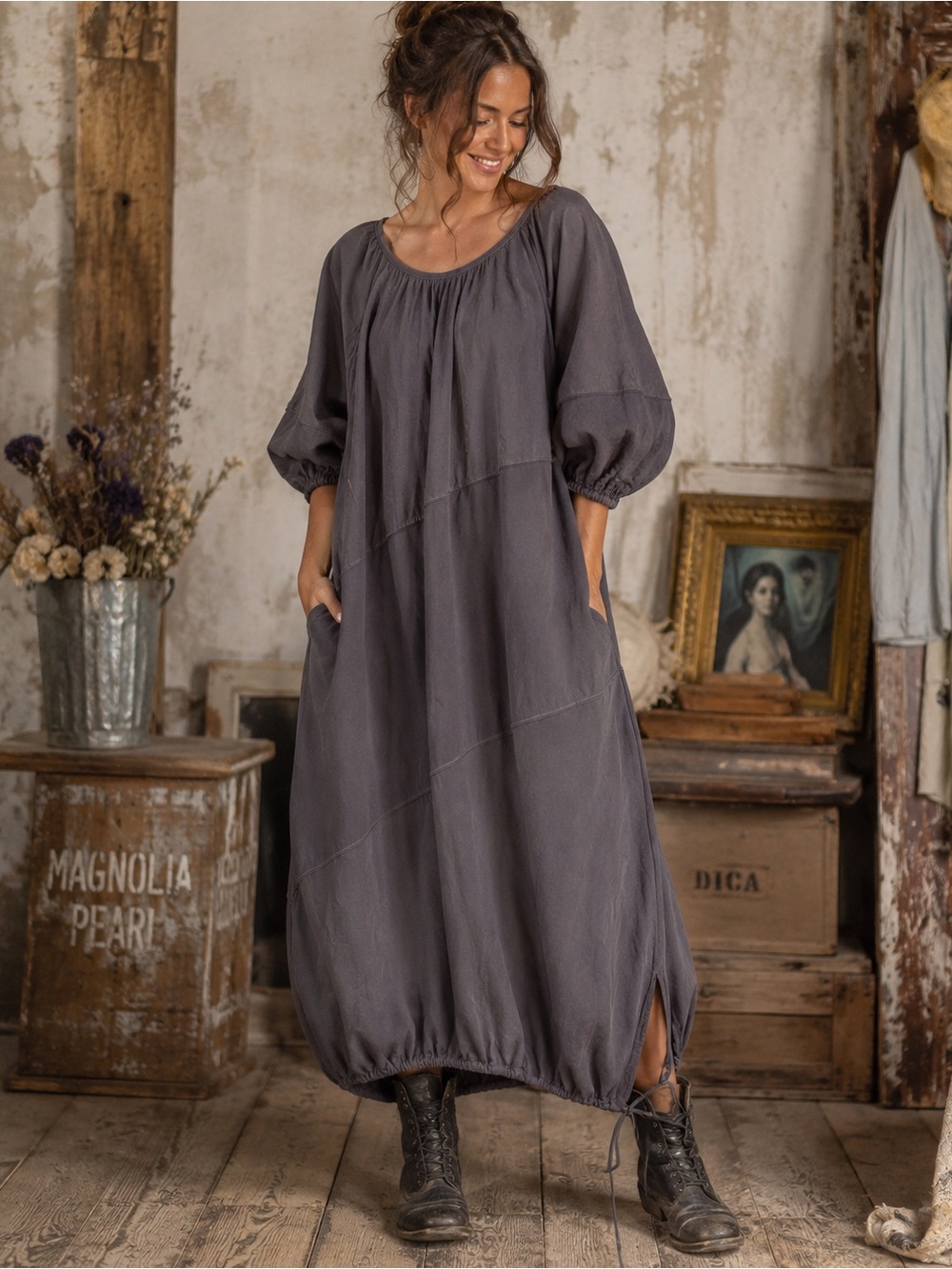 NEW Zara Midi Dress Sz M Puff Sleeve Drawstring Ham Logan-look Oversized Boho